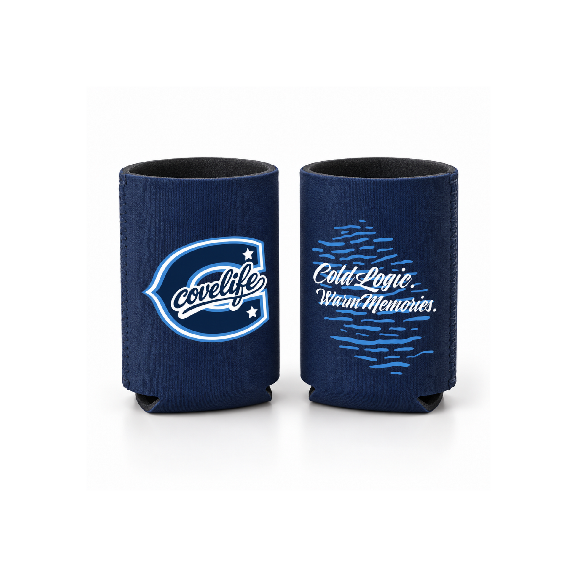 ViBE Can Cooler In Navy showing graphic for both sides.