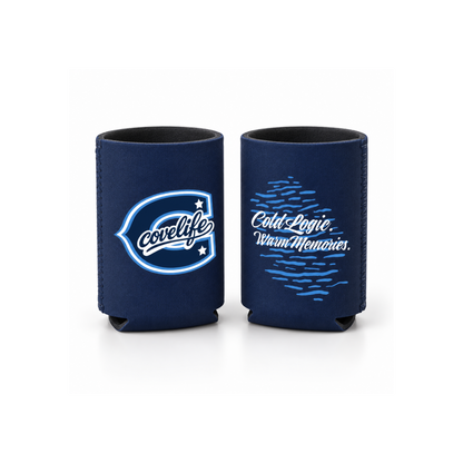 ViBE Can Cooler In Navy showing graphic for both sides.