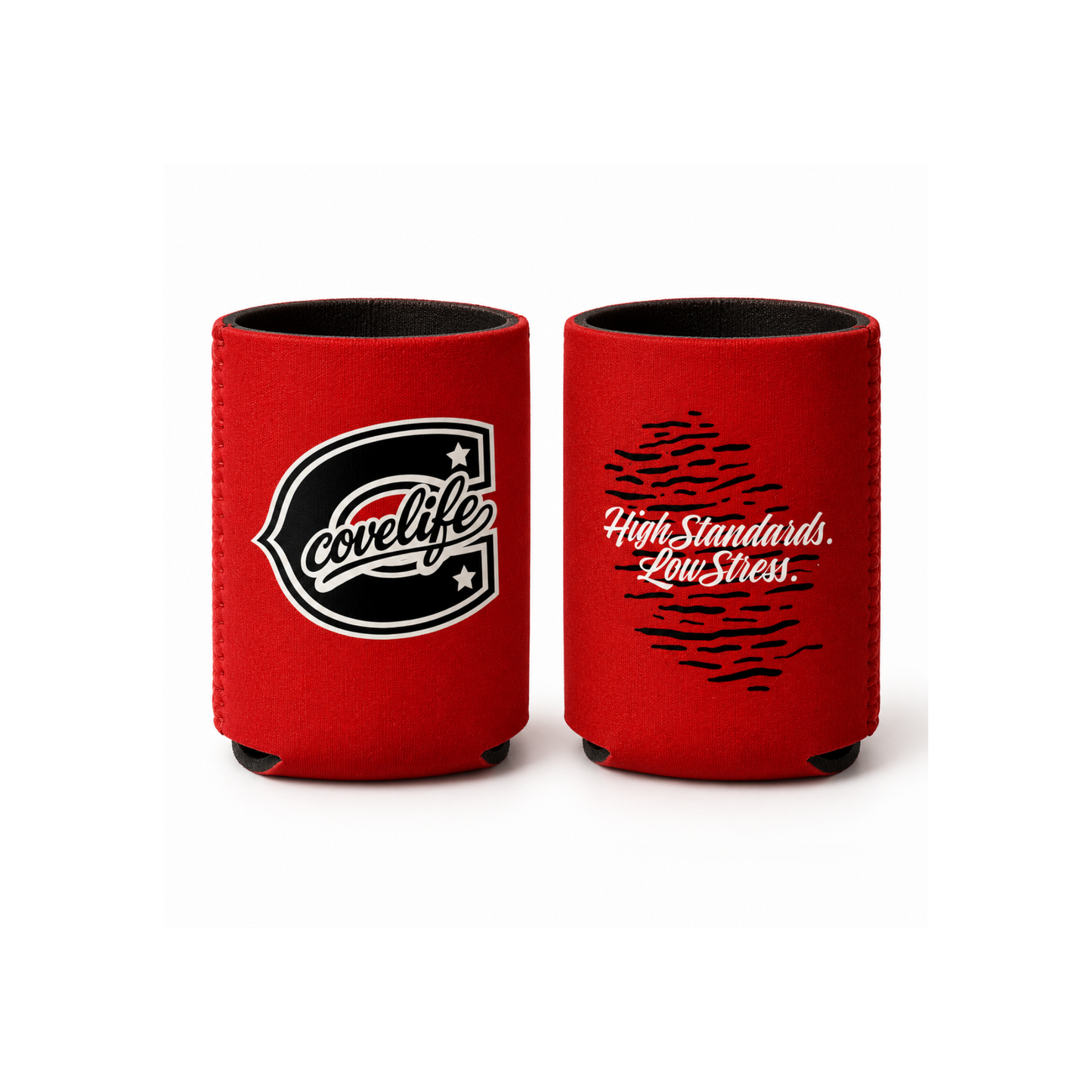 Standard size ViBE Koozie can coolers on a white background, one featuring a caption  "High Standards. Low Stress"  Summit Red