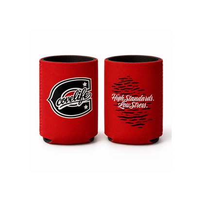 Standard size ViBE Koozie can coolers on a white background, one featuring a caption  "High Standards. Low Stress"  Summit Red