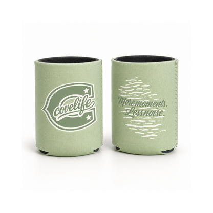 Standard size ViBE Koozie can coolers on a white background, one featuring a caption  "More Moments. Less Noise"  Seagrass
