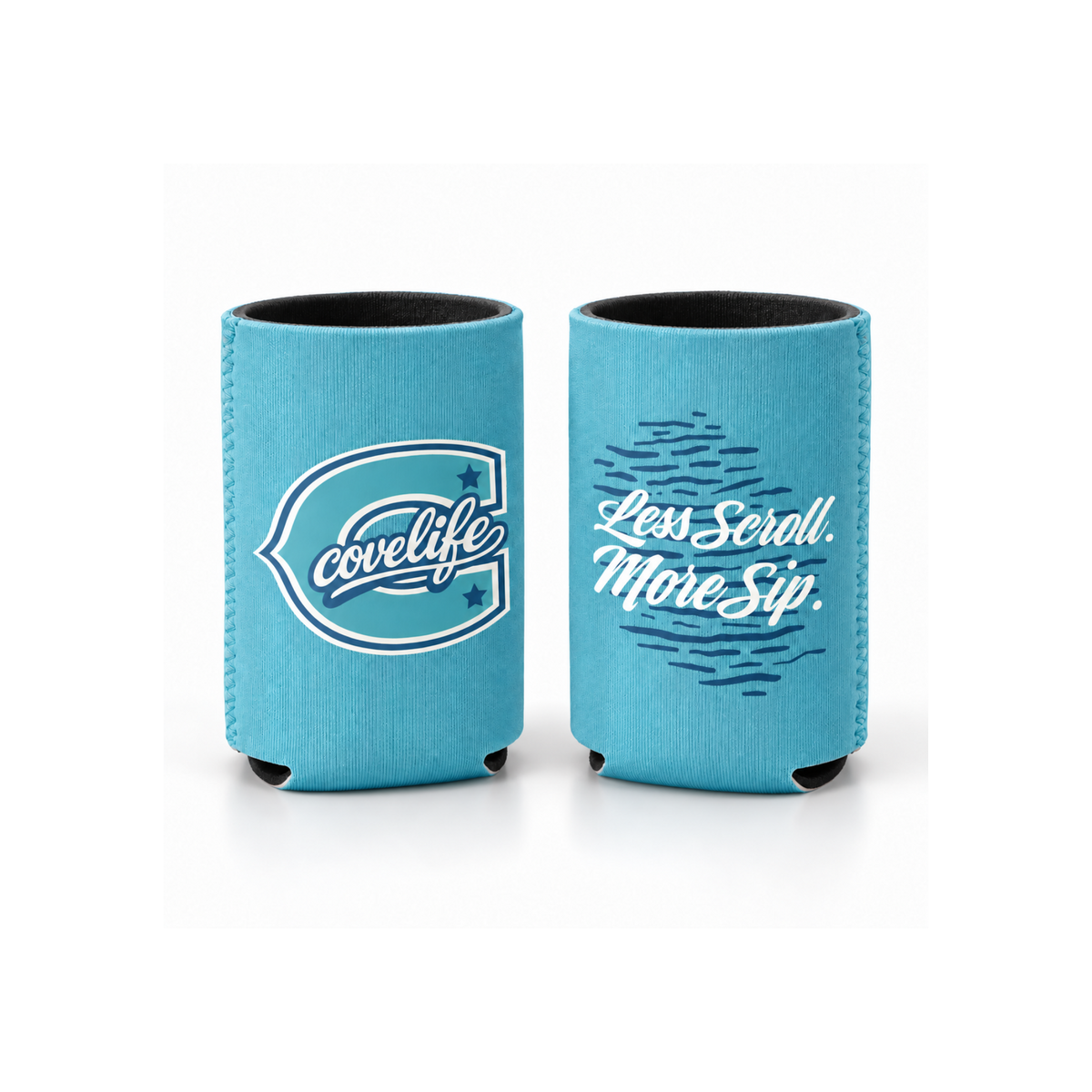 Standard size ViBE Koozie can coolers on a white background, one featuring a caption  "Less Scroll. More Sip."  Horizon Blue
