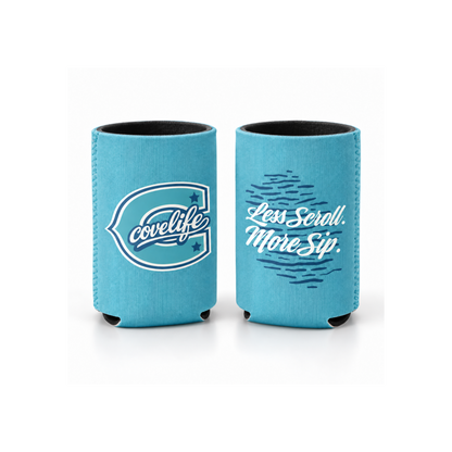 Standard size ViBE Koozie can coolers on a white background, one featuring a caption  "Less Scroll. More Sip."  Horizon Blue