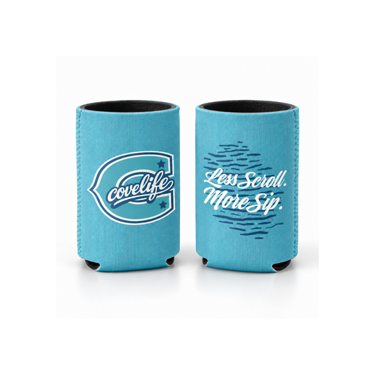 Standard size ViBE Koozie can coolers on a white background, one featuring a caption  "Less Scroll. More Sip."  Horizon Blue