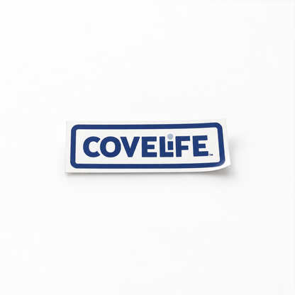 A rectangular white sticker with a blue border and the brand name 'COVELIFE' in blue, shown on a plain white background.