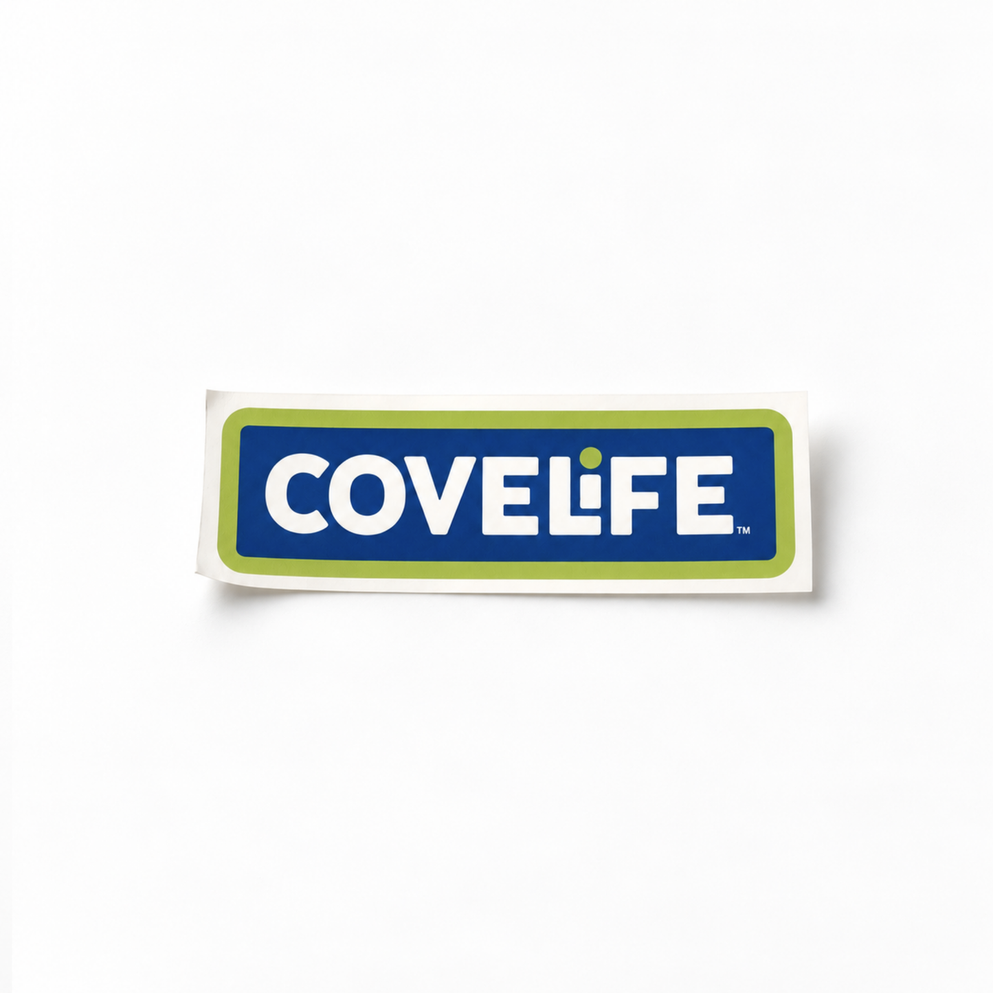 A rectangular sticker featuring the brand name 'COVELIFE' in white text on a dark blue background, bordered by a light green rounded rectangle, shown on a plain white background.