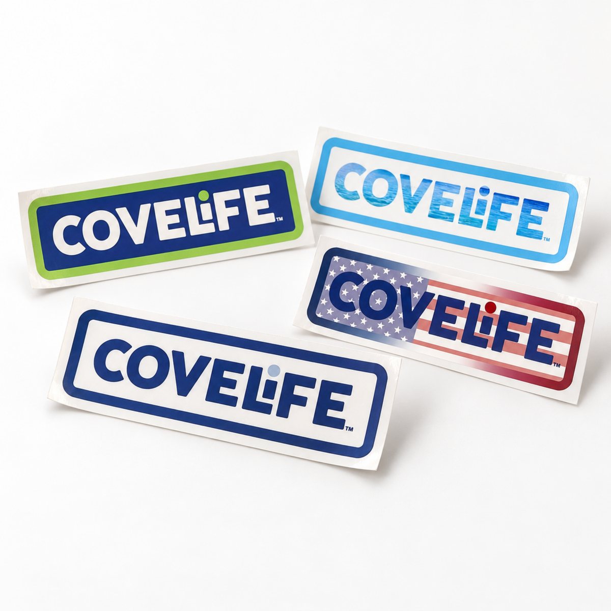 Four rectangular COVELIFE stickers in different color designs, displayed on a clean white background.
