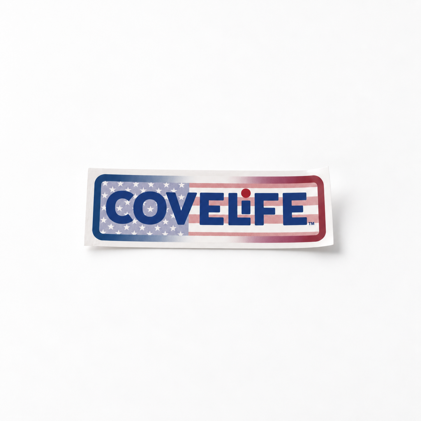 A rectangular sticker with a white border featuring the brand name 'COVELIFE' in bold blue letters over an American flag-inspired design with blue stars and red stripes, shown on a clean white background.