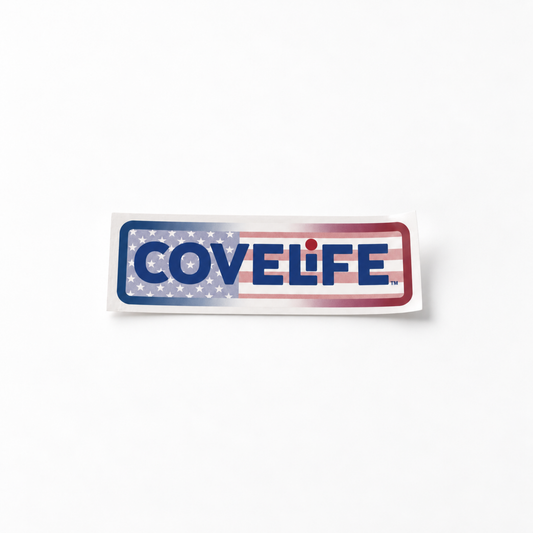 A rectangular sticker with a white border featuring the brand name 'COVELIFE' in bold blue letters over an American flag-inspired design with blue stars and red stripes, shown on a clean white background.