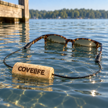 Tortoiseshell sunglasses attached to COVELiFE sunglass retainer, floating on calm lake water near a wooden dock.