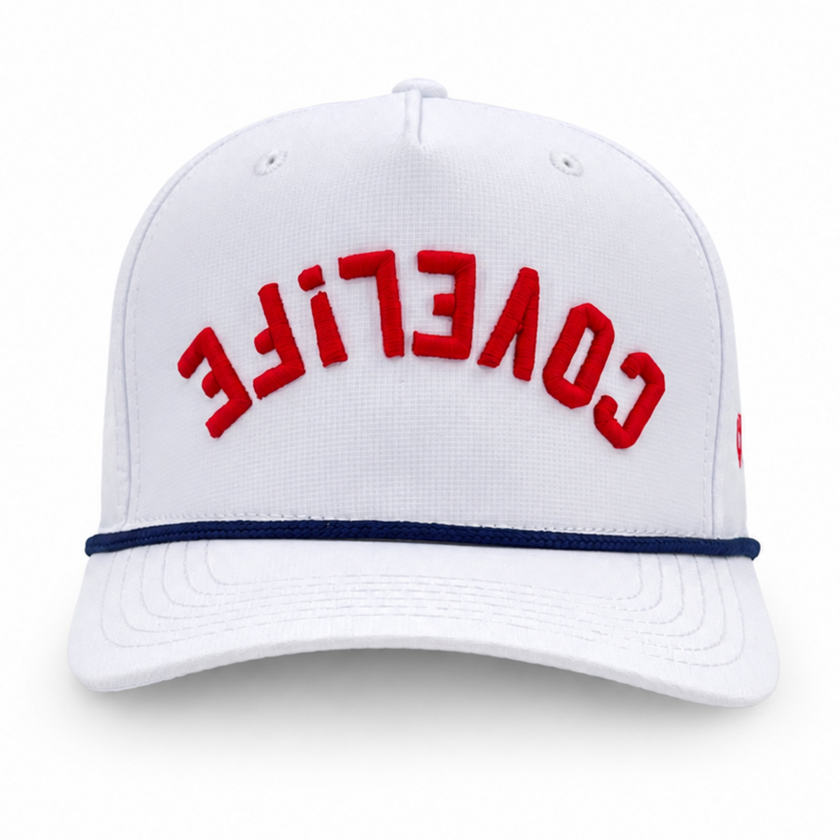 White COVELiFE with upside down wordmark with right side up "i" 