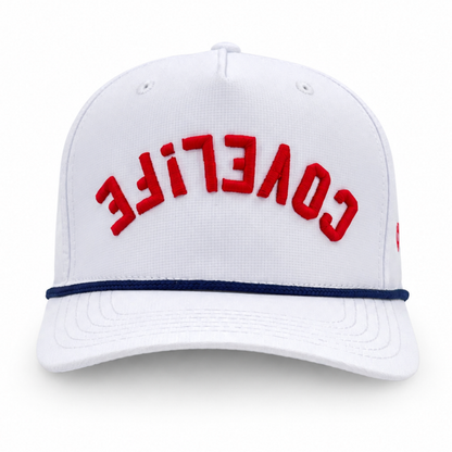 White COVELiFE with upside down wordmark with right side up "i" 