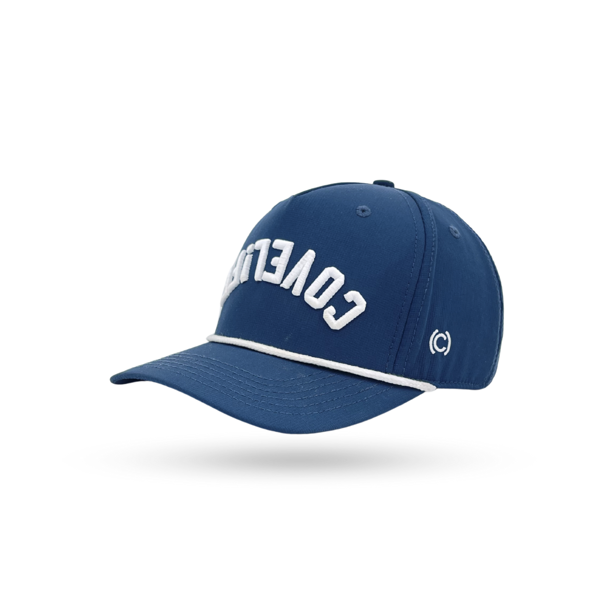 A navy blue baseball cap with white embroidered lettering on the front and a white piping detail along the brim, shown against a plain white background.