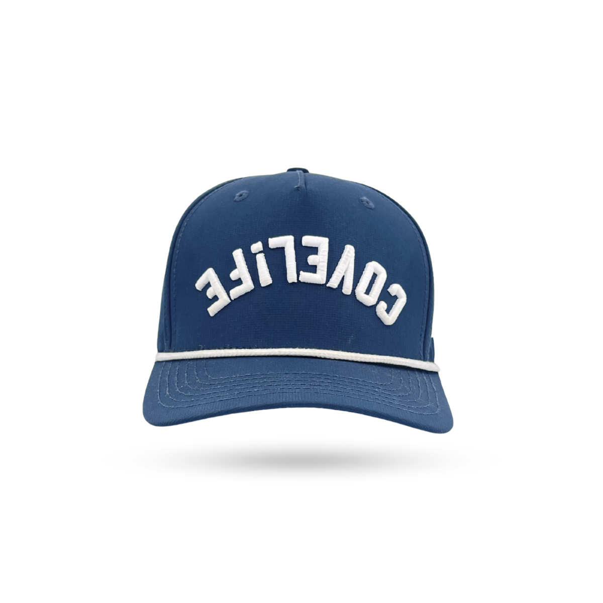 A navy blue baseball cap with 'COVELIFE' embroidered in white across the front, accented by a thin white stripe on the brim, shown against a plain white background.