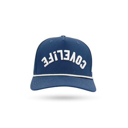 A navy blue baseball cap with 'COVELIFE' embroidered in white across the front, accented by a thin white stripe on the brim, shown against a plain white background.