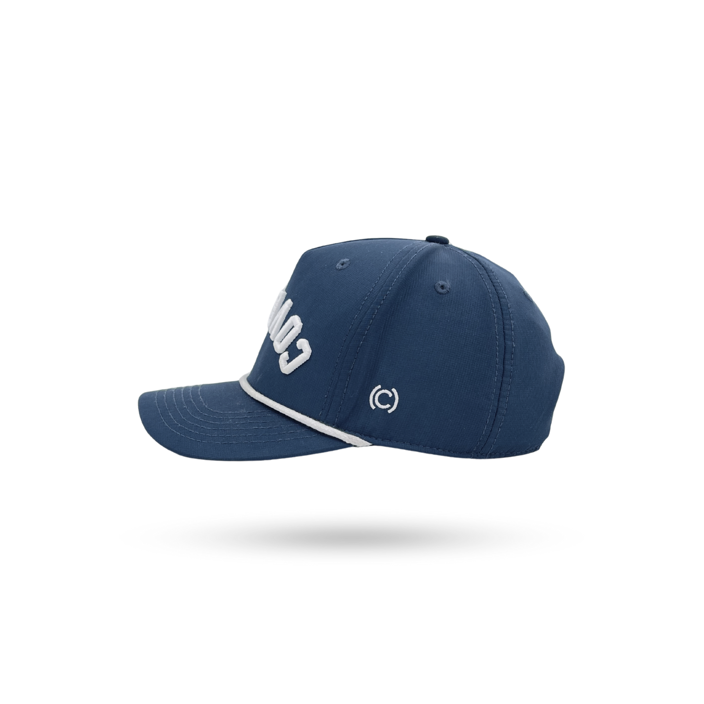 A navy blue baseball cap with white embroidered lettering on the front and a white piping detail along the edge of the brim, shown against a plain white background.