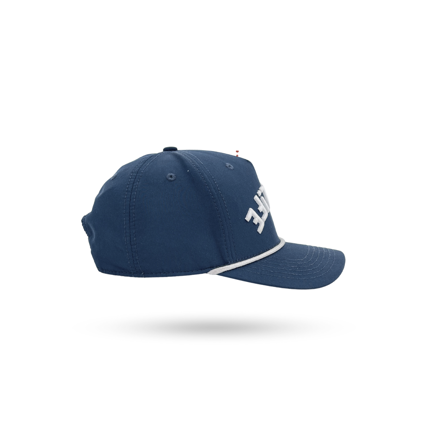 A navy blue baseball cap with a white embroidered logo on the side, shown from a three-quarters angle against a plain white background.