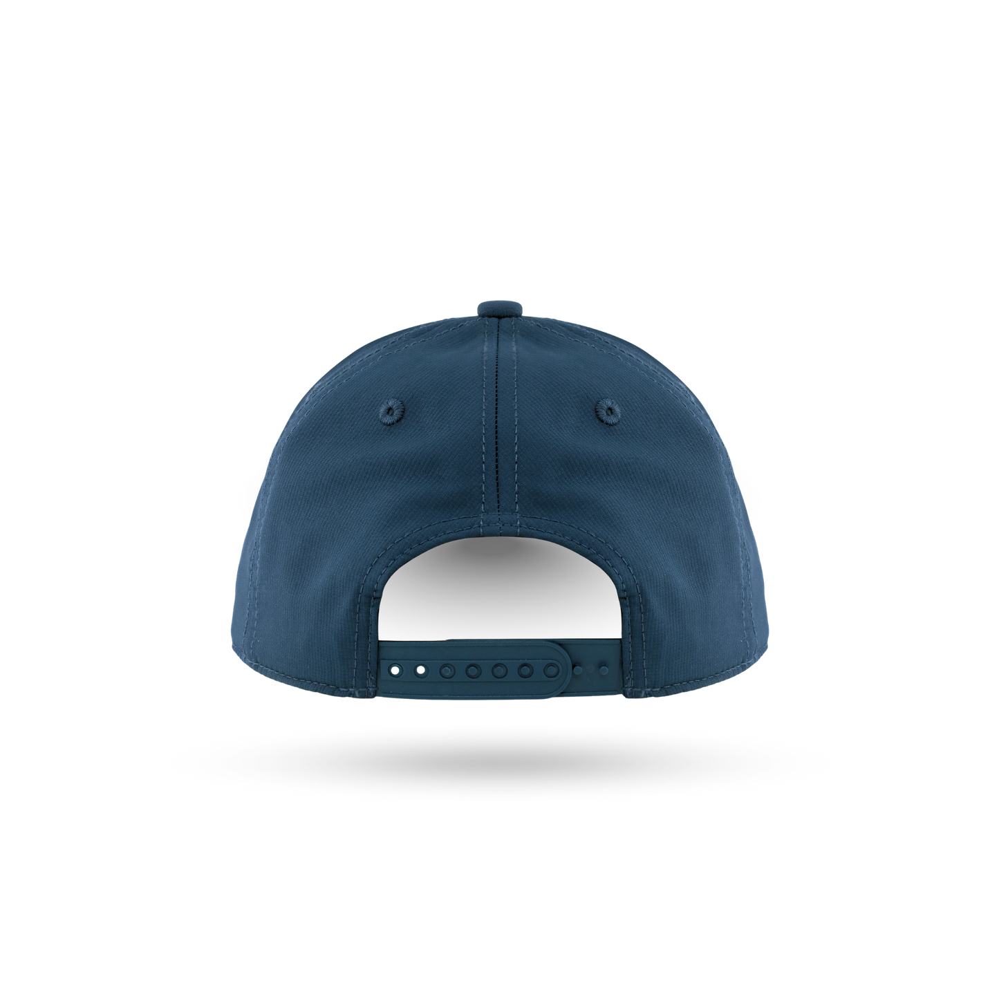 The back view of a navy blue baseball cap with a snapback closure, shown on a clean white background with a soft shadow underneath.