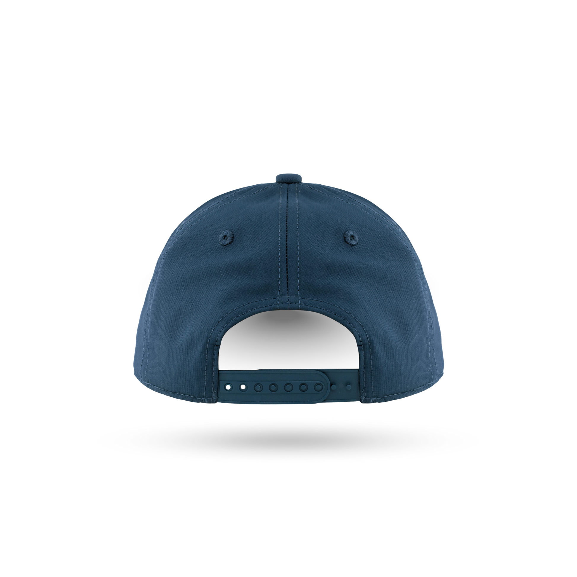 The back view of a navy blue baseball cap with a snapback closure, shown on a clean white background with a soft shadow underneath.