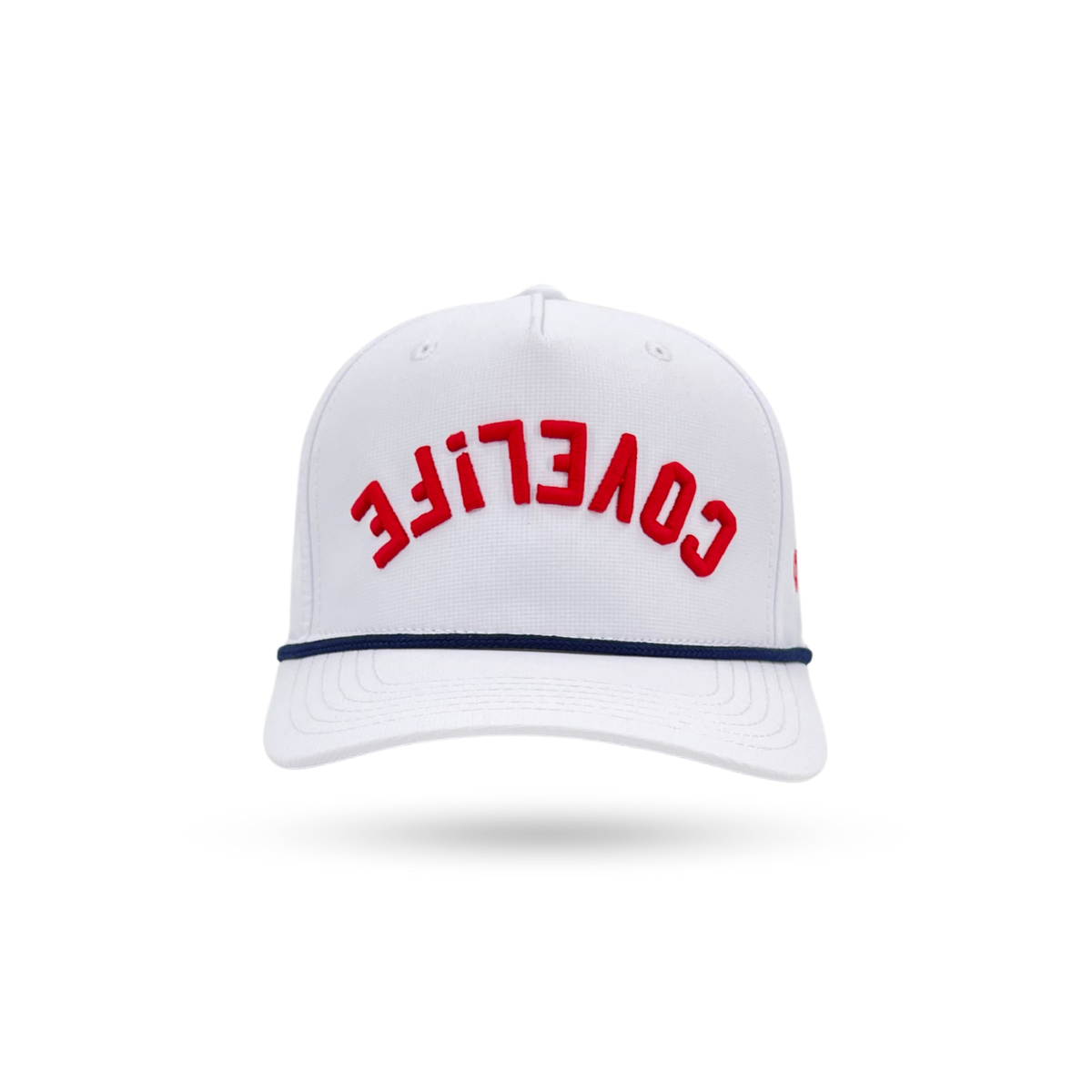 A white baseball cap with 'COVELIFE' embroidered in red across the front, a navy blue horizontal stripe on the brim, and a small red logo on the side, shown against a plain white background.