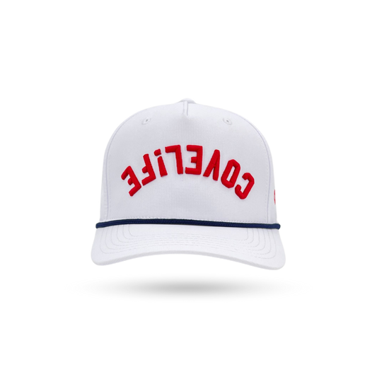 A white baseball cap with 'COVELIFE' embroidered in red across the front, a navy blue horizontal stripe on the brim, and a small red logo on the side, shown against a plain white background.