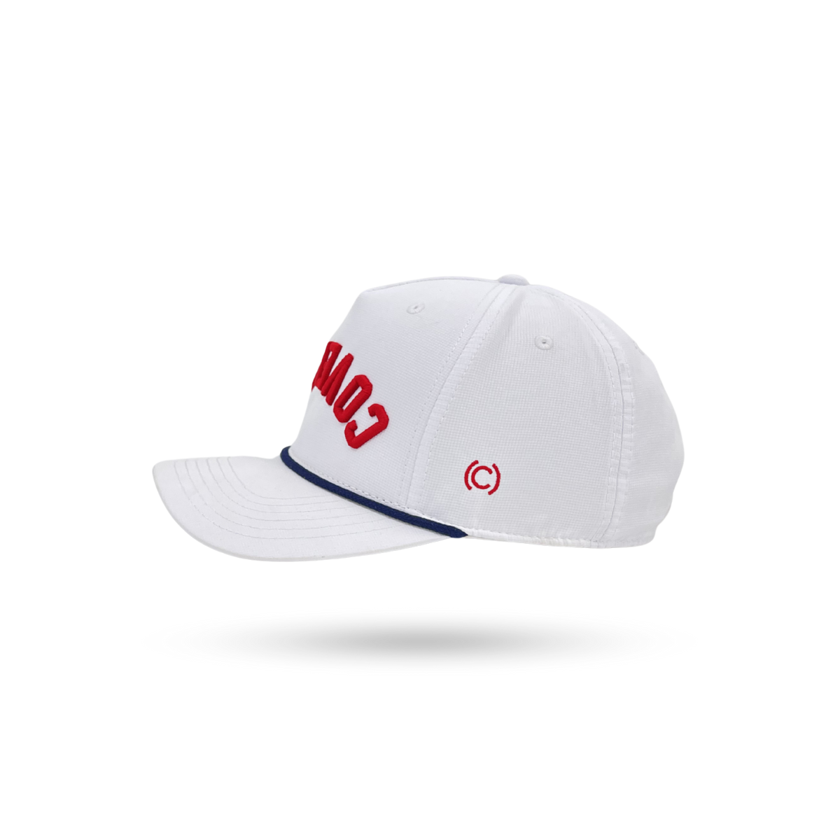 A white baseball cap with red embroidered text on the front and a navy blue accent line along the brim, shown against a plain white background.