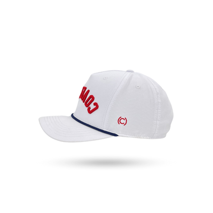A white baseball cap with red embroidered text on the front and a navy blue accent line along the brim, shown against a plain white background.