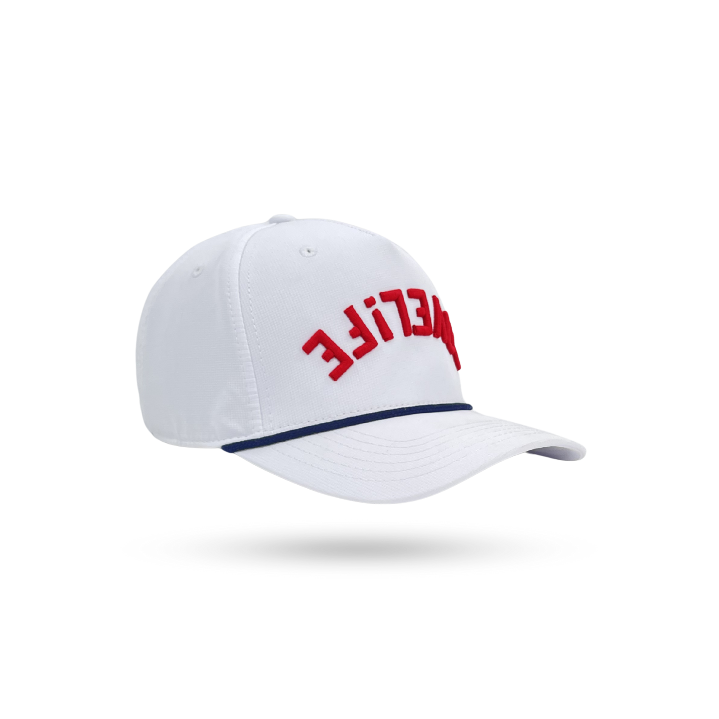 A white baseball cap with red embroidered text on the front and a thin navy blue stripe along the edge of the brim, shown on a clean white background.