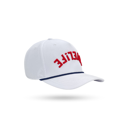 A white baseball cap with red embroidered text on the front and a thin navy blue stripe along the edge of the brim, shown on a clean white background.