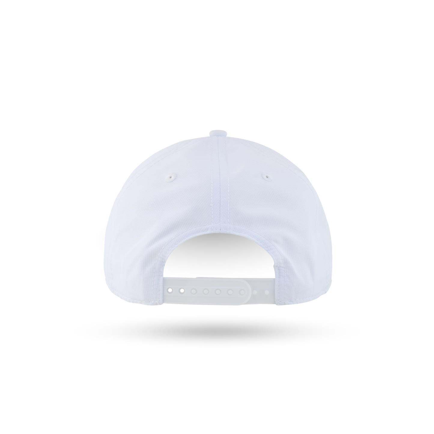 The back view of a white baseball cap with an adjustable snapback closure, shown on a clean white background with a soft shadow underneath.