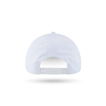 The back view of a white baseball cap with an adjustable snapback closure, shown on a clean white background with a soft shadow underneath.