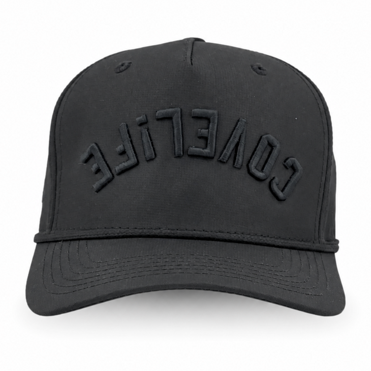Black SHiFT Blackout Snapback with tonal upside-down COVELiFE wordmark and upright i.