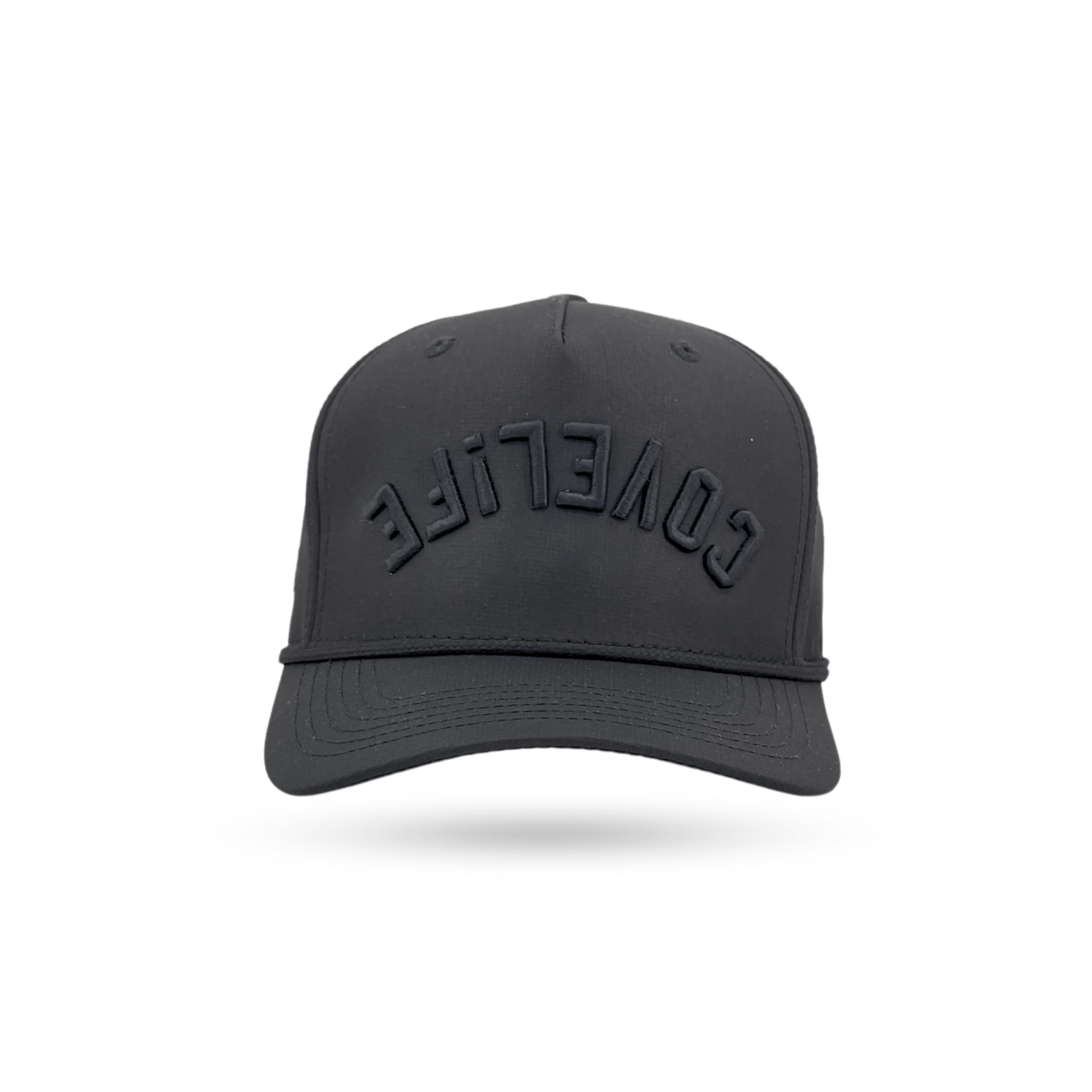 A black structured baseball cap with the word 'COVERLIFE' embossed in a matching black arched font on the front, shown against a plain white background.