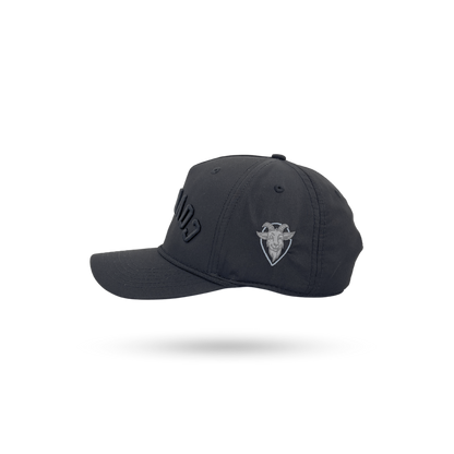 Black baseball cap shown from a three-quarters angle on a white background with a soft shadow underneath. The cap features a tonal black embroidered logo on the front and a light gray embroidered shield logo on the side.