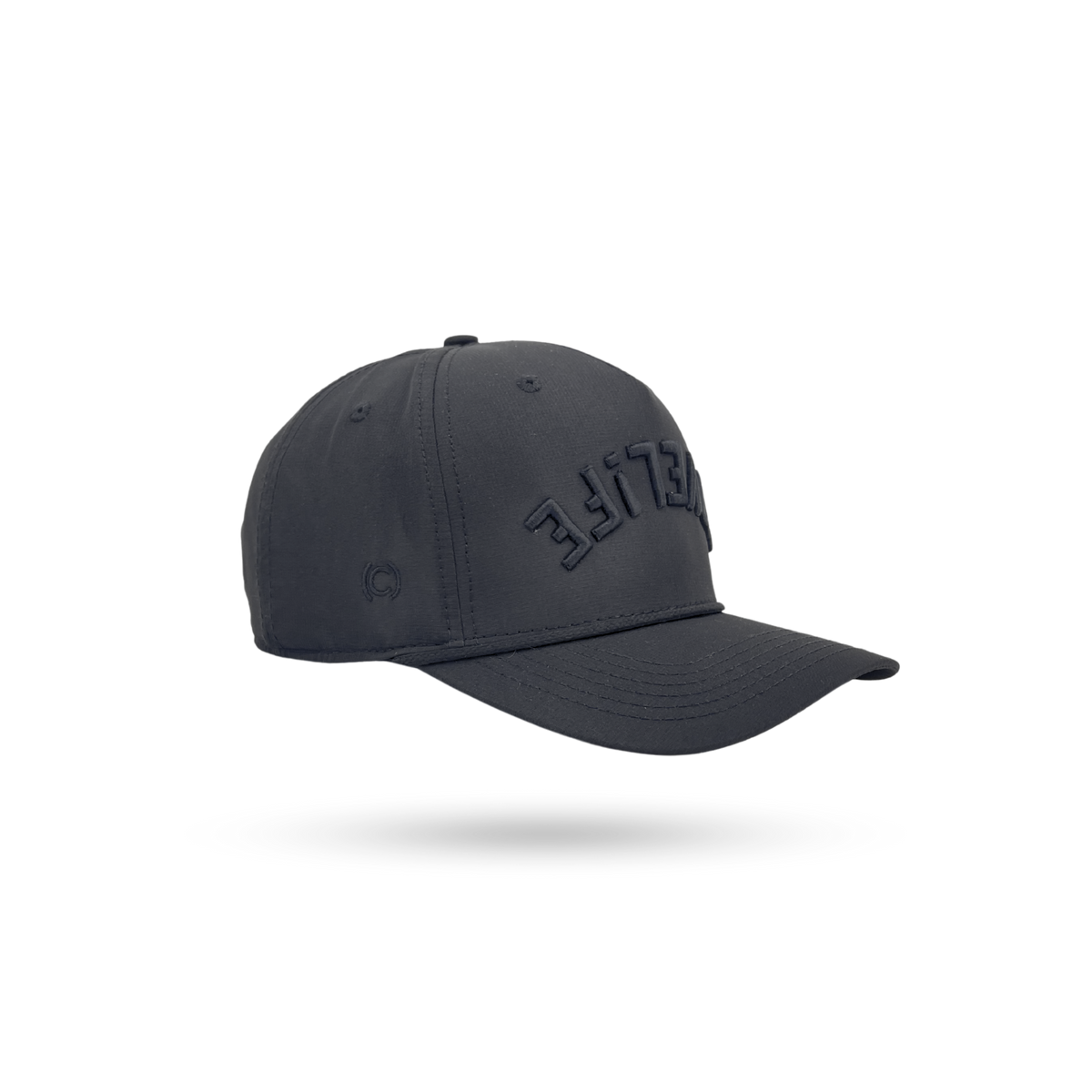 A dark gray baseball cap with tonal embroidered lettering on the front, shown floating against a solid white background with a soft drop shadow.