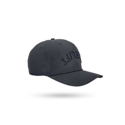 A dark gray baseball cap with tonal embroidered lettering on the front, shown floating against a solid white background with a soft drop shadow.