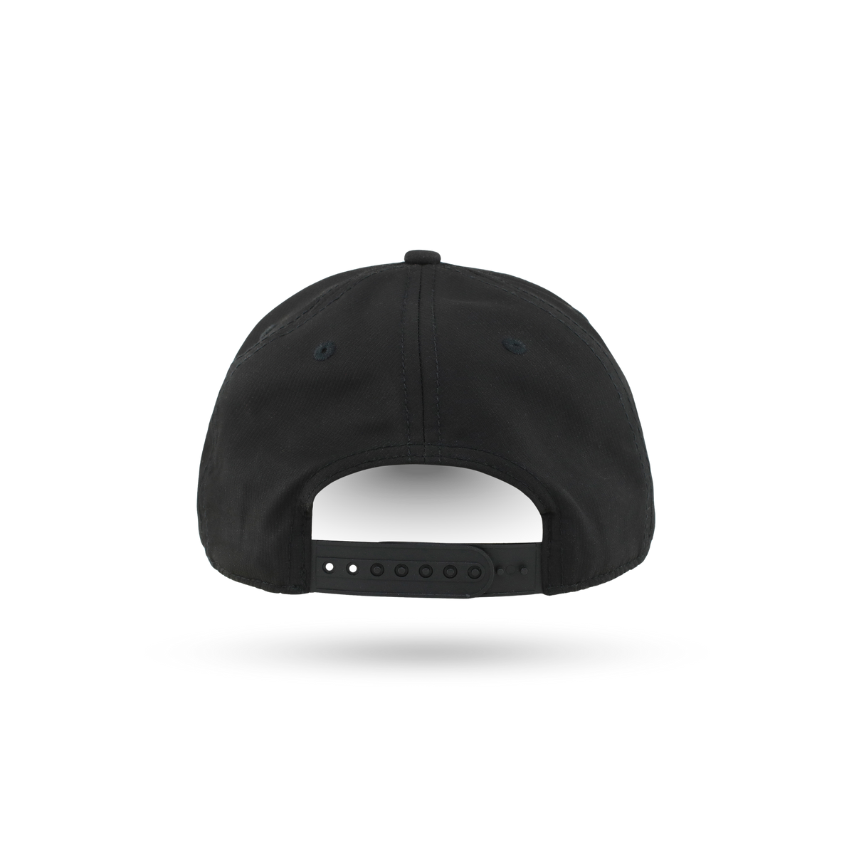 The back view of a black baseball cap with an adjustable snapback closure, shown on a clean white background with a soft shadow underneath.