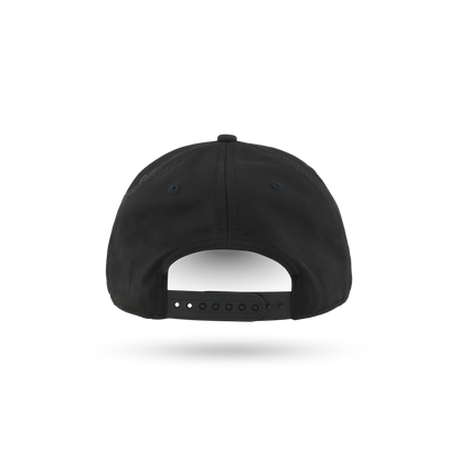 The back view of a black baseball cap with an adjustable snapback closure, shown on a clean white background with a soft shadow underneath.