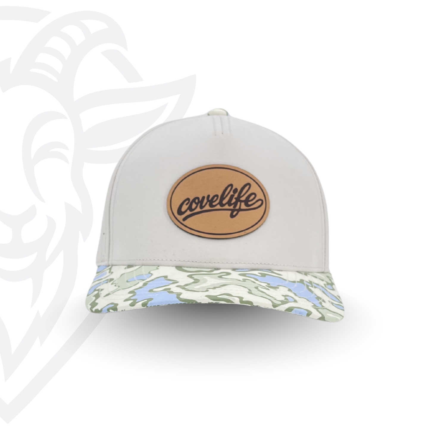 COVELiFE DRiFTFiT Lake Camo Performance Cap Heritage - front view with leather patch