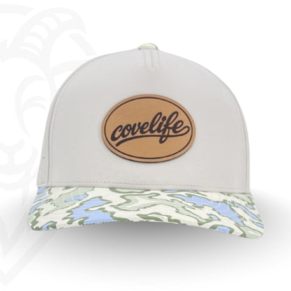 COVELiFE DRiFTFiT Lake Camo Performance Cap Heritage - front view with leather patch