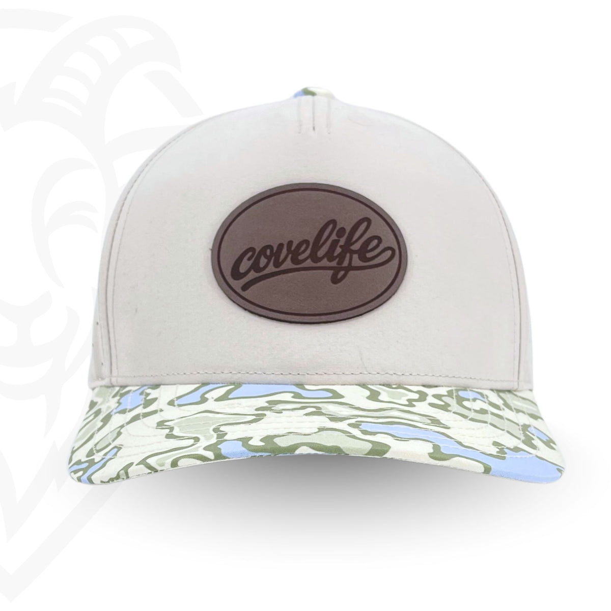 COVELiFE DRiFTFiT Lake Camo Performance Cap Midnight - front view with leather patch