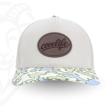 COVELiFE DRiFTFiT Lake Camo Performance Cap Midnight - front view with leather patch