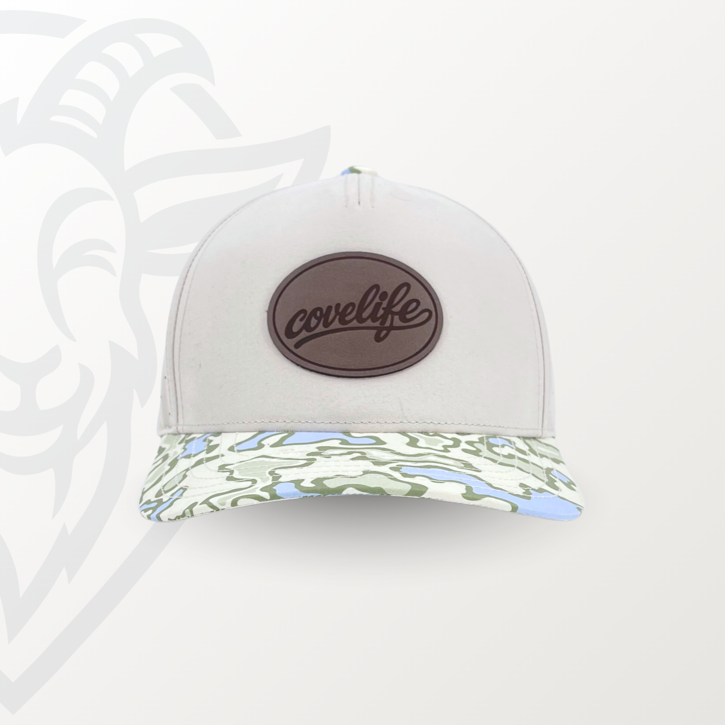 COVELiFE DRiFTFiT Lake Camo Performance Cap Midnight - front view with leather patch