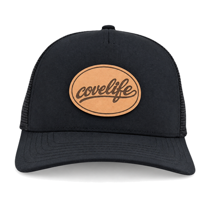 A black CLASSIC MESH  hat with a curved brim, featuring a black front panel, a black mesh back, and a brown oval patch on the front with the brand name 'covelife' in script.