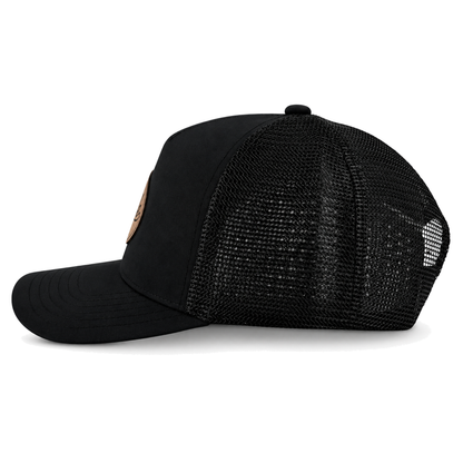 A blackCLASSIC MESH  hat with a curved brim, featuring a black front panel, a black mesh back, and a brown oval patch on the front with the brand name 'covelife' in script.