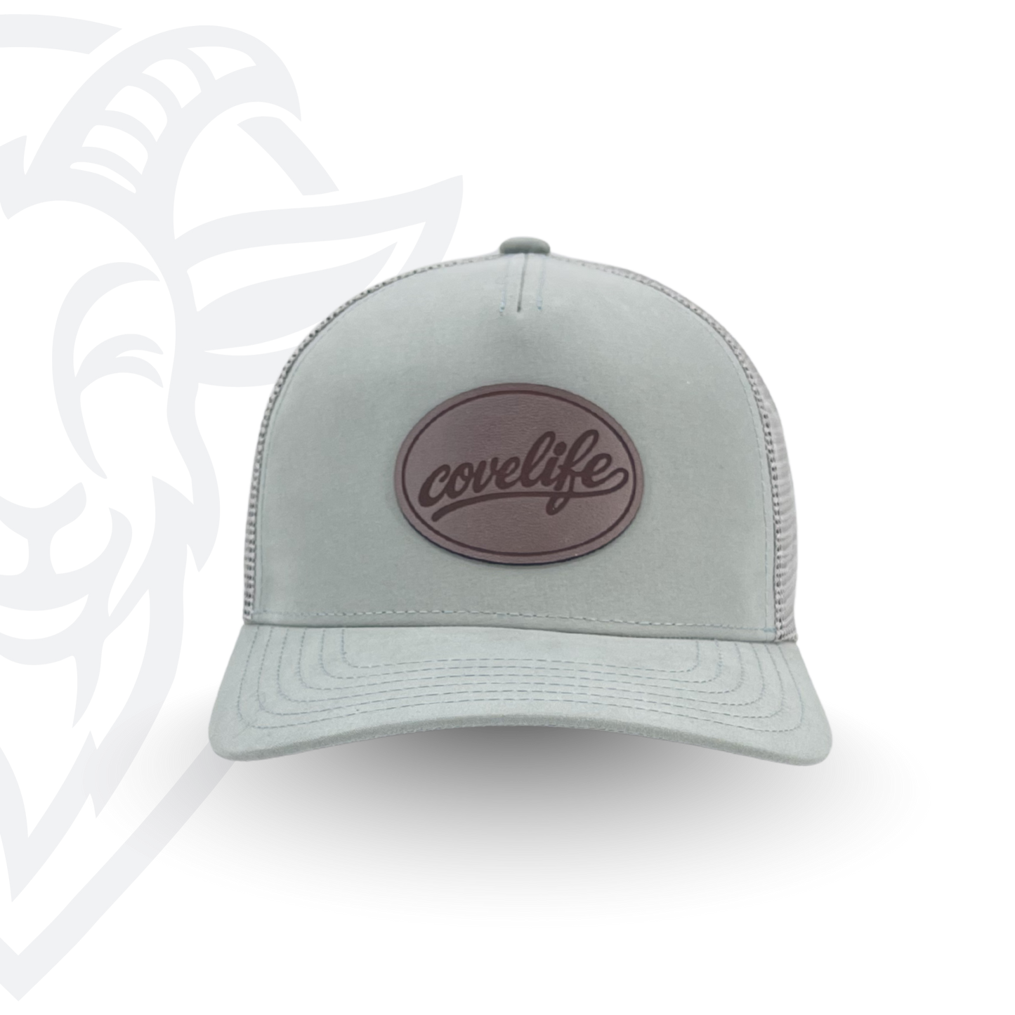 COVELiFE DRiFTFiT Mesh Trucker Sage - front view with Midnight leather patch
