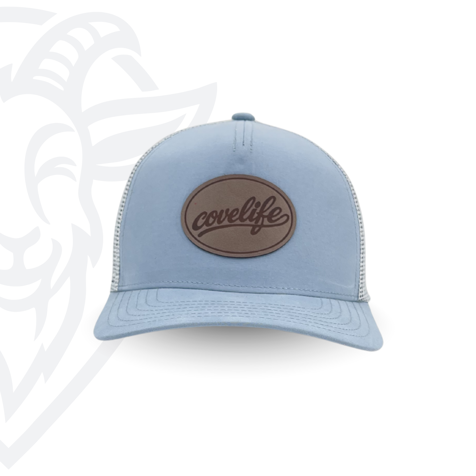 COVELiFE DRiFTFiT Mesh Trucker Sky Blue - front view with Midnight leather patch