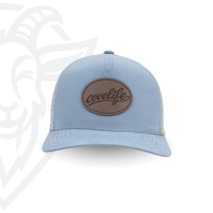 COVELiFE DRiFTFiT Mesh Trucker Sky Blue - front view with Midnight leather patch