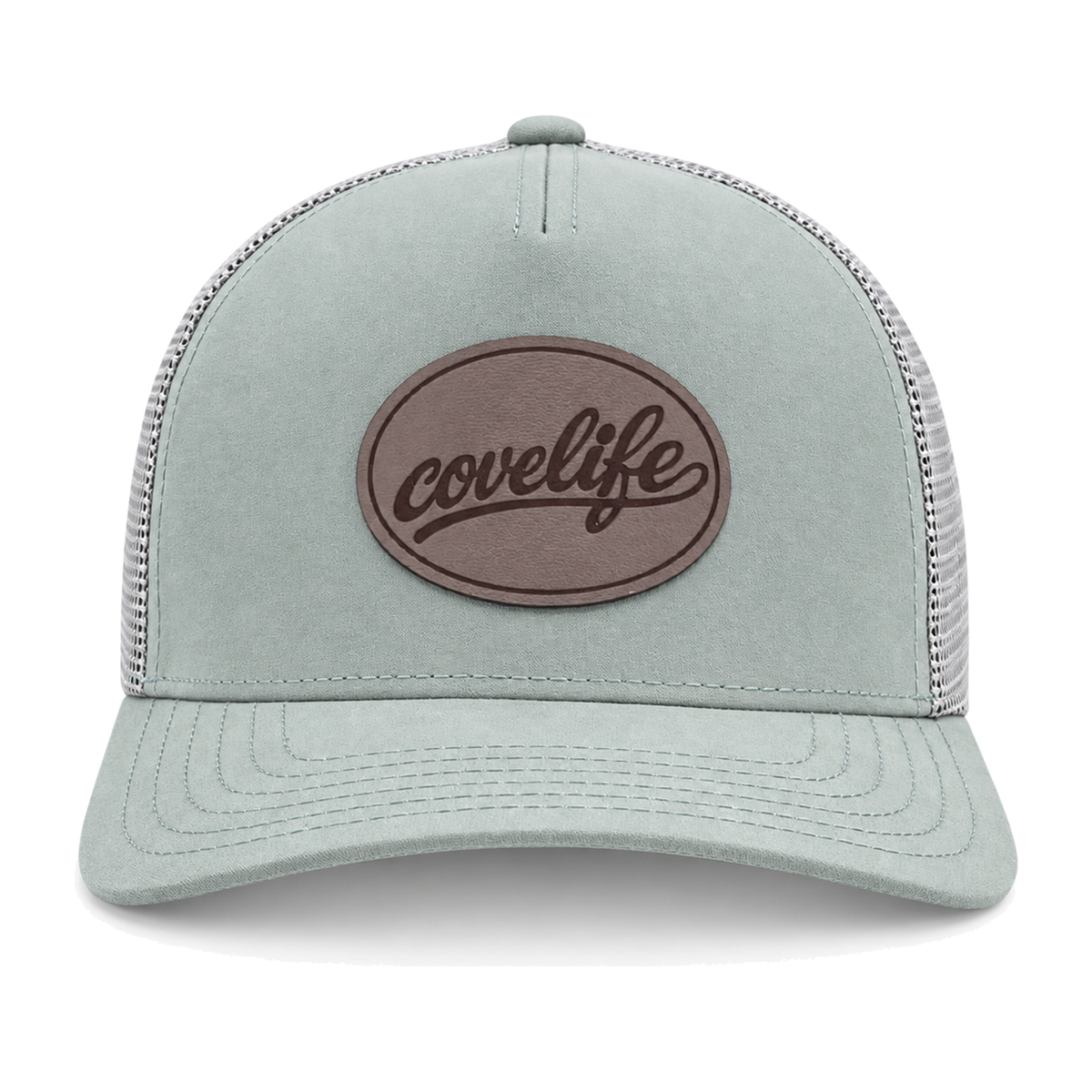 A sage green CLASSIC MESH  hat with a curved brim, featuring a light green front panel, a darker green mesh back, and a brown oval patch on the front with the brand name 'covelife' in script.