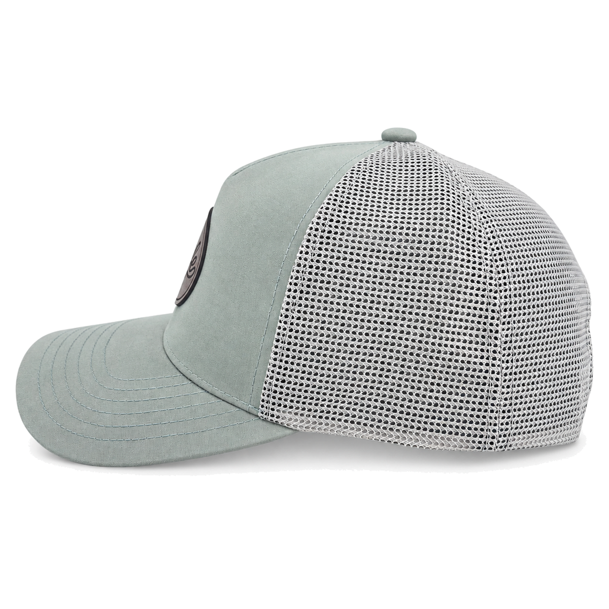 A sage green CLASSIC MESH  hat with a curved brim, featuring a light green front panel, a darker green mesh back, and a brown oval patch on the front with the brand name 'covelife' in script.